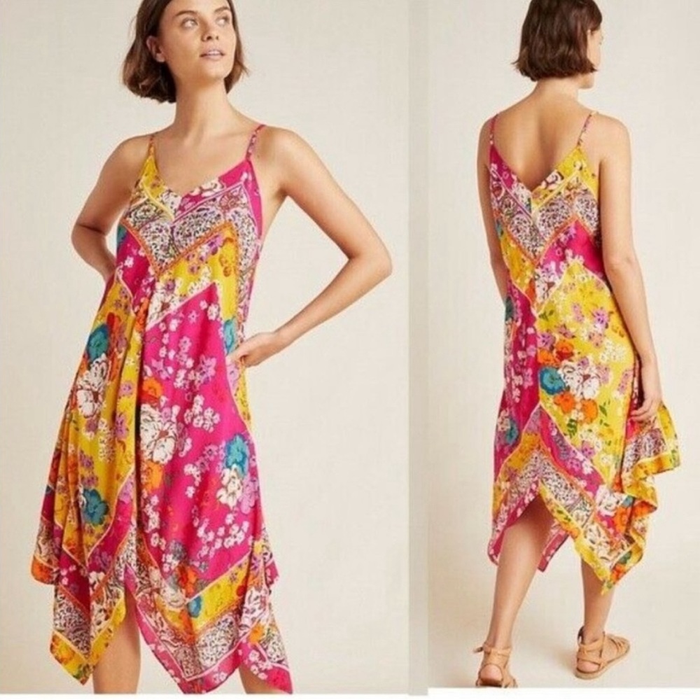 Anthropologie Floral Patchwork Handkerchief Dress in Pink and Yellow M/L